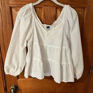White Textured Babydoll Long Sleeve Top